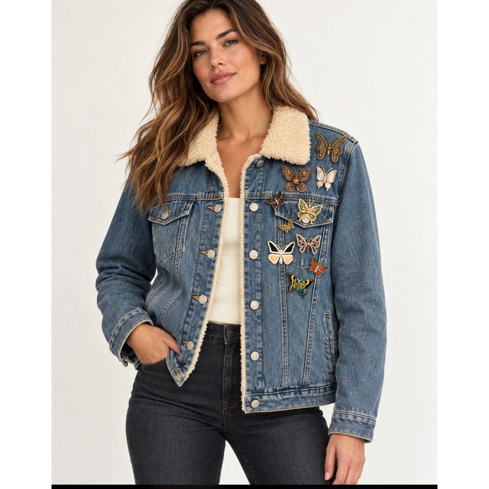 GAP One of a Kind Sherpa Denim Jacket Large Custom Butterfly Brooch Lot Monet - Picture 7 of 8